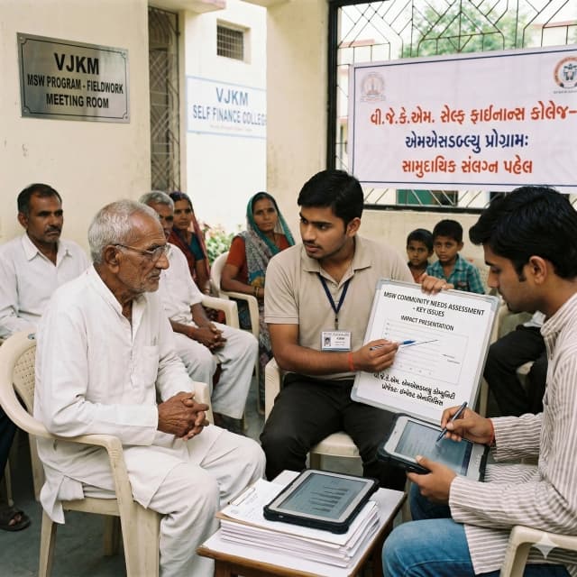 A BSW student from Vadodara presents community impact data to professional stakeholders in a document, demonstrating the professional outcome of the degree.